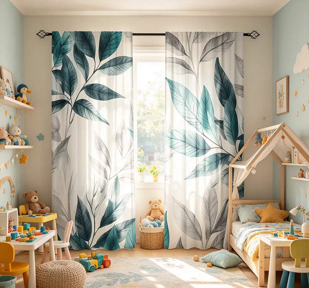 2PCS Digital Printed Curtains, Grey Green Branches and Leaves Pattern, Stylish Window Treatment for Living Room Bedroom Decor