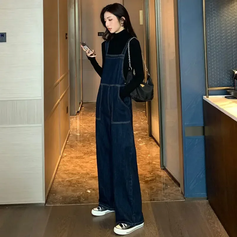 Spring Autumn Denim Jumpsuits Women Loose Solid Chic Big-pockets Sleeveless All-match Student Straight Jumpsuit Trousers Outwear