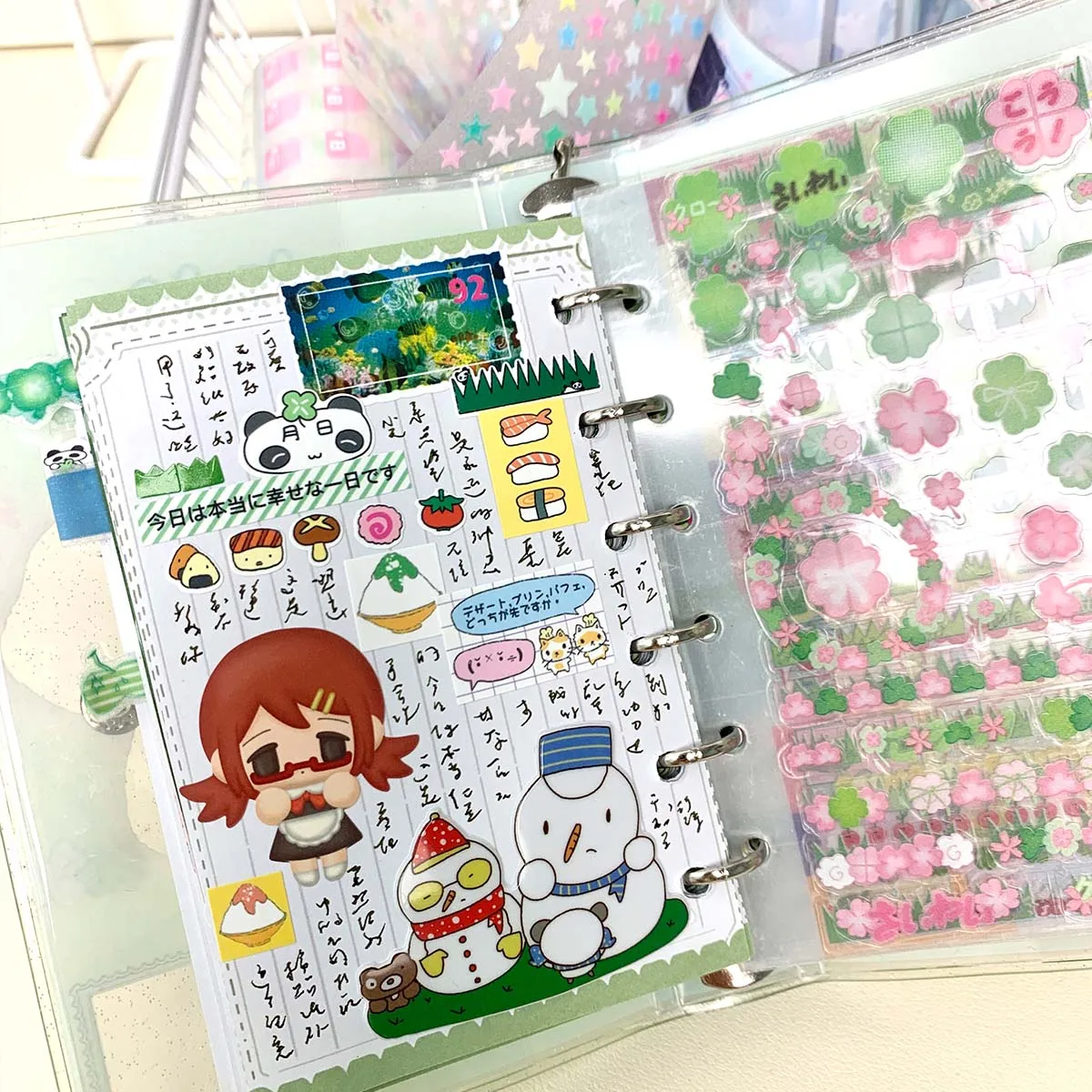 WAKAWAKA A7 Binder Four-Leaf Clover&Girl Glitter pvc Removable Loose-Leaf Notebook Sticker Storage Book Pocket Notebook Portable