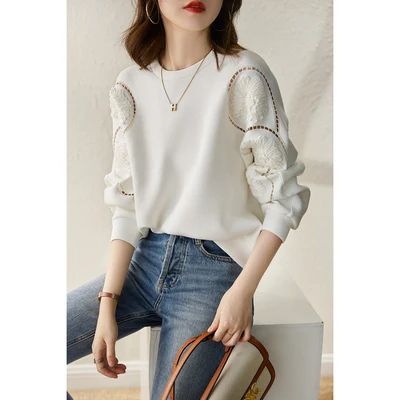 Sweat-shirt brodé haut de gamme pour femmes, travail lourd, coupe ample, Long, rond, Ne, pour les déplacements, printemps-automne