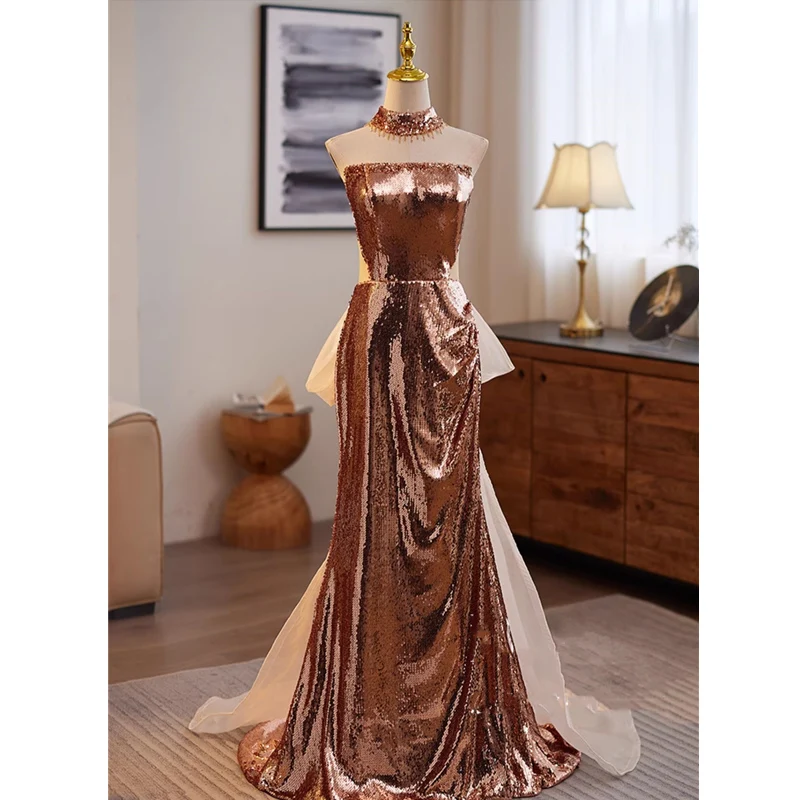 

Evening Dress Sequins Rose Golden Strapless Lace up Mermaid Floor-length Plus size Women Party Formal Gown Customization B2893