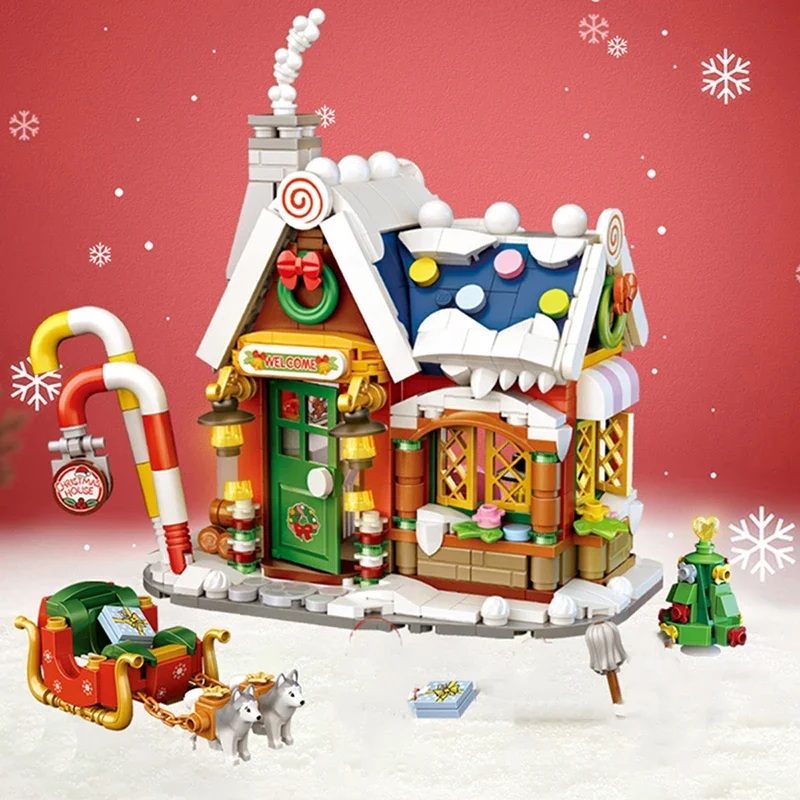 Mini Building Block Christmas House Set DIY City Street View House Sleigh Assembled Ornaments Children\'s Educational Toy Gift