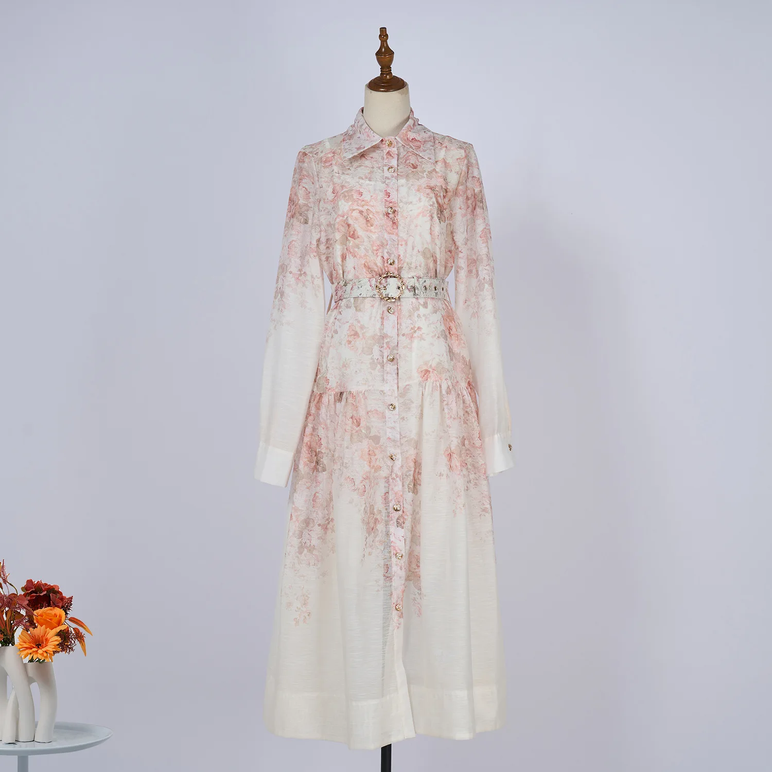 

Autumn Women's Dress Lapel Long Sleeve Printed Single-breasted Buckle with Belt