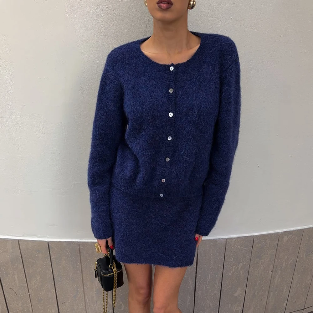 Tuularose Women's Knit Mini Skirt 2 Piece Set Fashion Autumn Cardigan Elegant Skirt Suit Chic Street Casual Female Skirt Outfit image 3