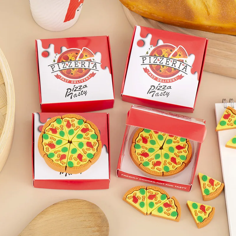 7pcs/set Festive Pizza Eraser Set Realistic Slice Toy Student Christmas Prize Box with Simulation Food Pencil Stationery Eraser