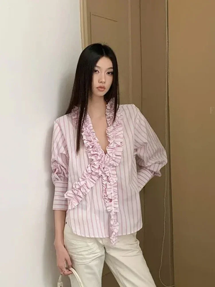 الوردي مخطط الخامس الرقبة بلوزة المرأة فضفاضة خمر الحلو الكشكشة طويلة الأكمام قميص الفرنسية أنيقة طويلة الأكمام الخريف الإناث الرجعية القمم #2