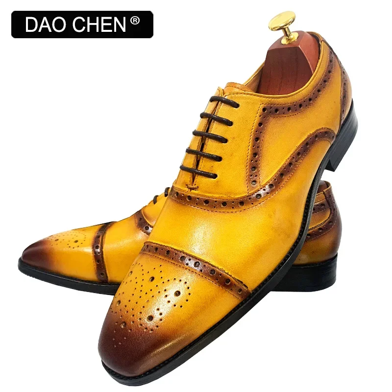 LUXURY BRAND MEN\'S OXFORD SHOES BLACK YELLOW LACE UP BROGUE CAP TOE CASUAL MENS DRESS SHOES OFFICE WEDDING LEATHER SHOES