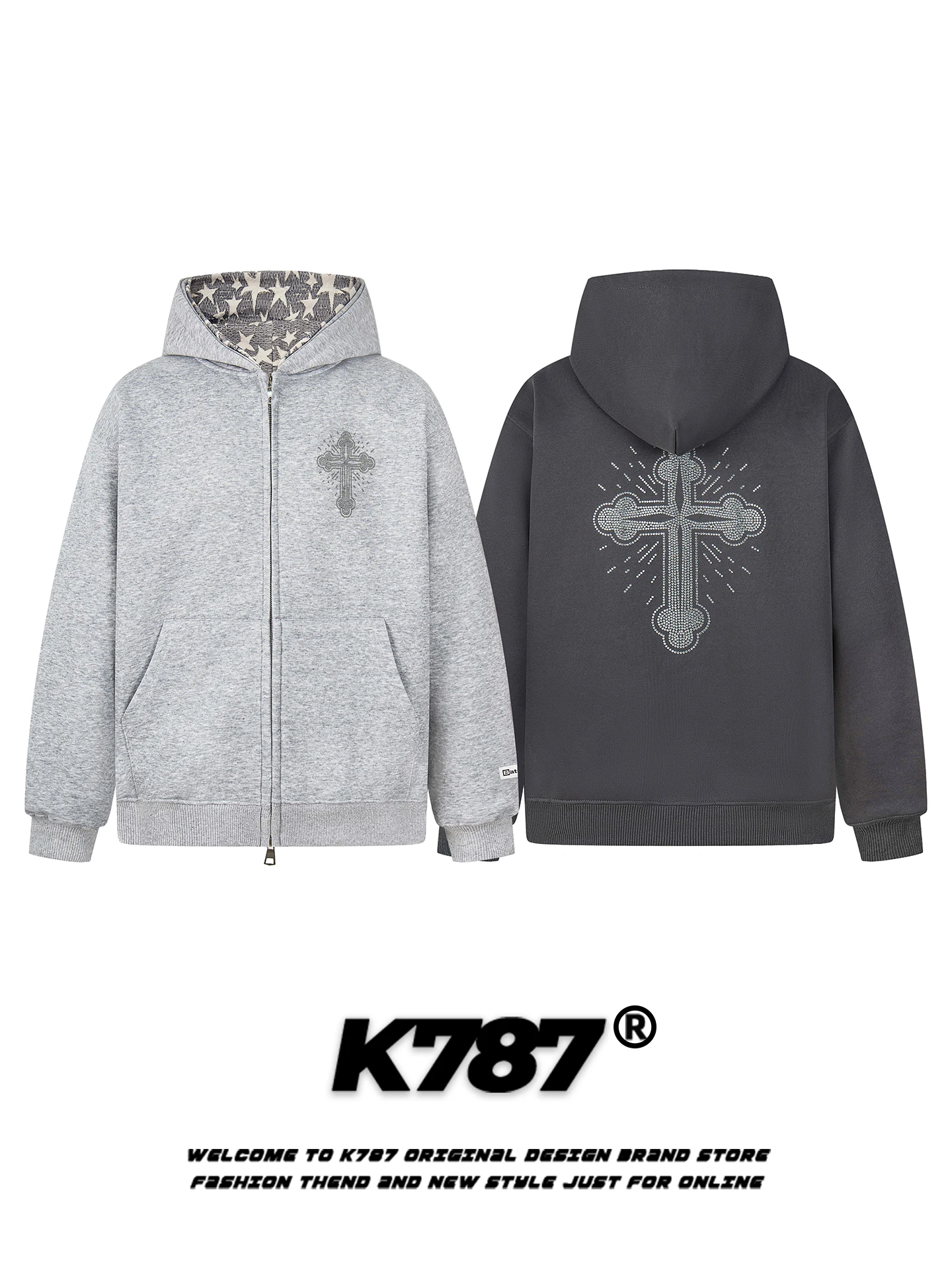 K787 Felpa con cappuccio incrociata con strass retrò americano ex sciolto casual versatile coppia Jaet autunno lungo chiusura con cerniera