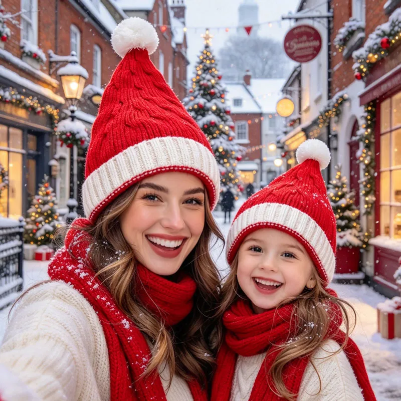 Winter Knitted Christmas Hat Mom Baby Family Matching Classic Warm Cozy Soft Comfortable Adult Kids Unisex Holiday Festive Gift