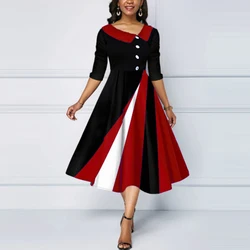 Vintage Geometric Print Dress for Women Casual Scarf Collar Half Sleeve Buttons Swing Robe Elegant Rockabilly Party Dresses