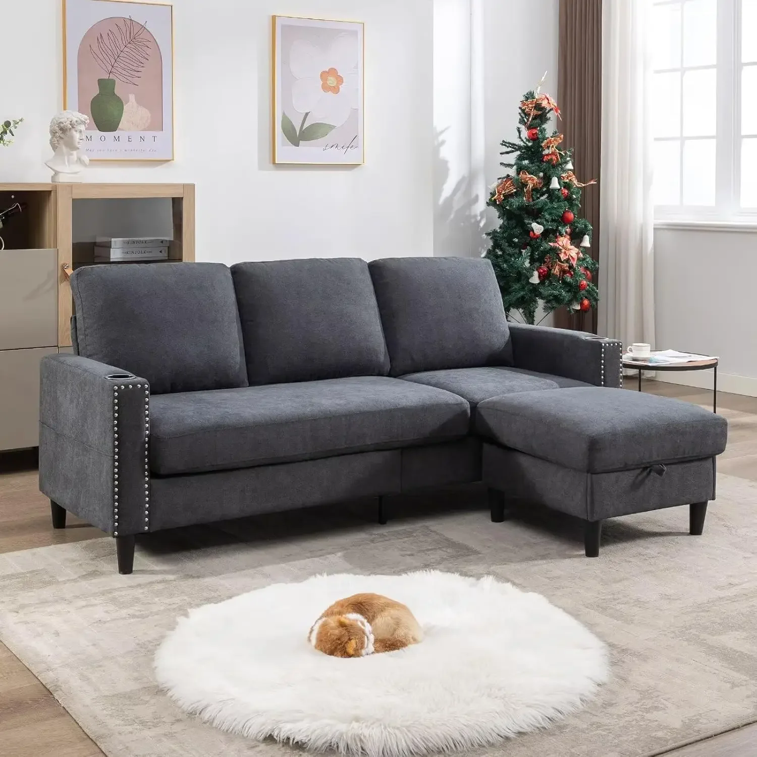 Convertible Sectional Couches for Living Room, Small Sofa 3 Seats Sofas with Storage Chaise & 2 Cup