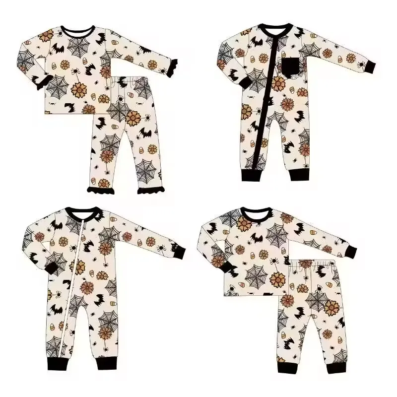 

New Children's Halloween Costumes Autumn Long Sleeve Suit Matching Set Spider Web Bat Print Pajama Set