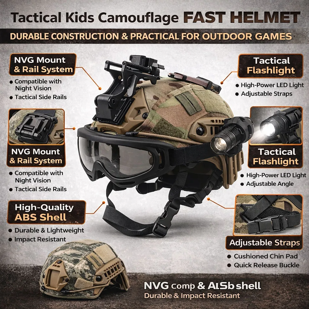 

Tactical Kids Camouflage Helmet Adjustable,Impact Resistant with NVG Mount Flashlight Anti Fog Goggles for Airsoft MilitaryGames