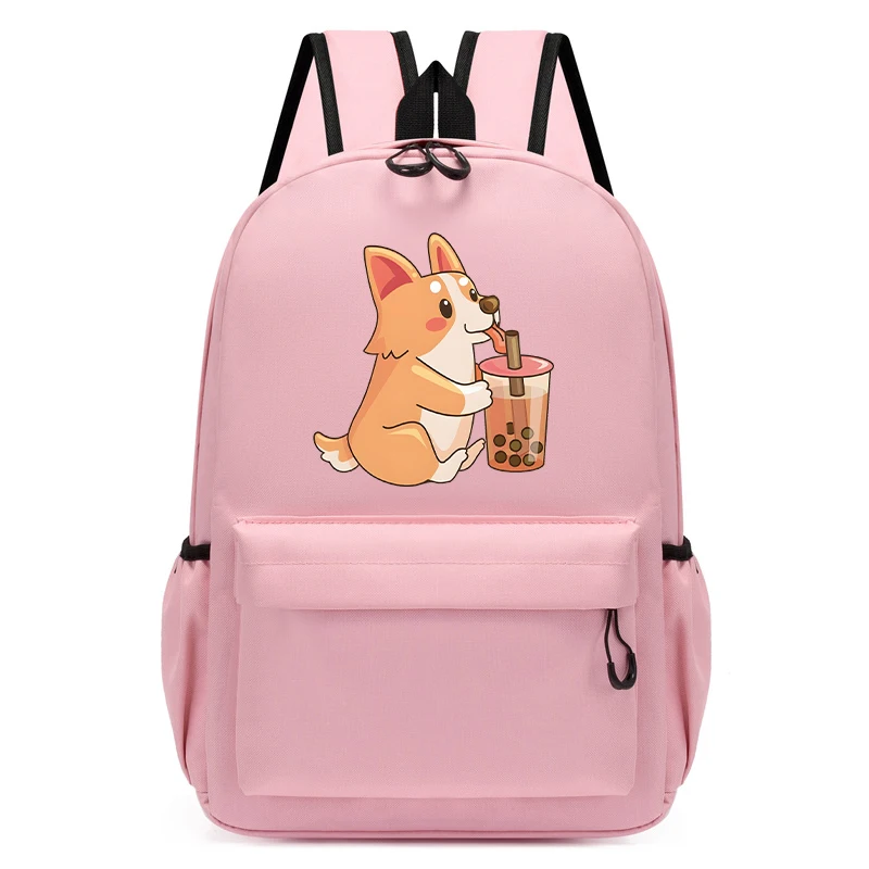 Mochila Cão Corgi com Chá Bolha para Crianças, Mochila Escolar dos Desenhos Animados, Sacos de Livro de Volta à Escola, Anime Schoolbag para Criança