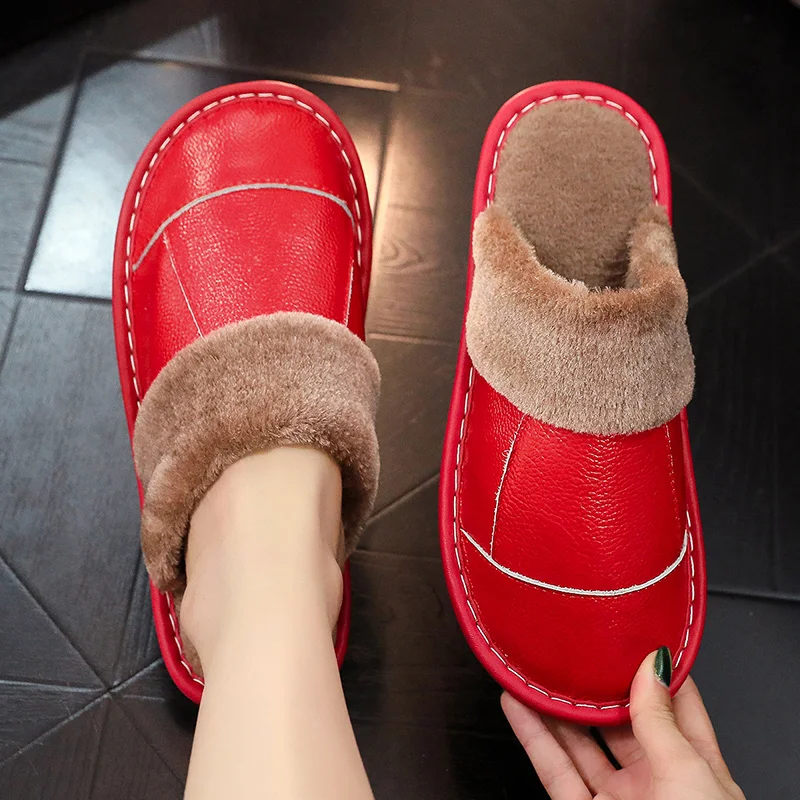 Genuine cotton slippers winter home indoor anti-slip padded warm leather slippers female 5867