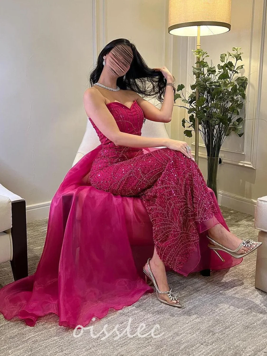 Oisslec Luxury Beaded Prom Dresses Strapless Long Elegant Party Evening Formal Dress Fuchsia Saudi Arabia Women Gown Train