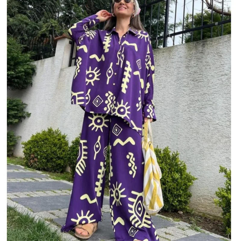 Women Pant Sets Suit Print Turn Down Collar Long Sleeve Matching Sets Casual Shirt Waist Lace Up High Waist Wide Leg Pant