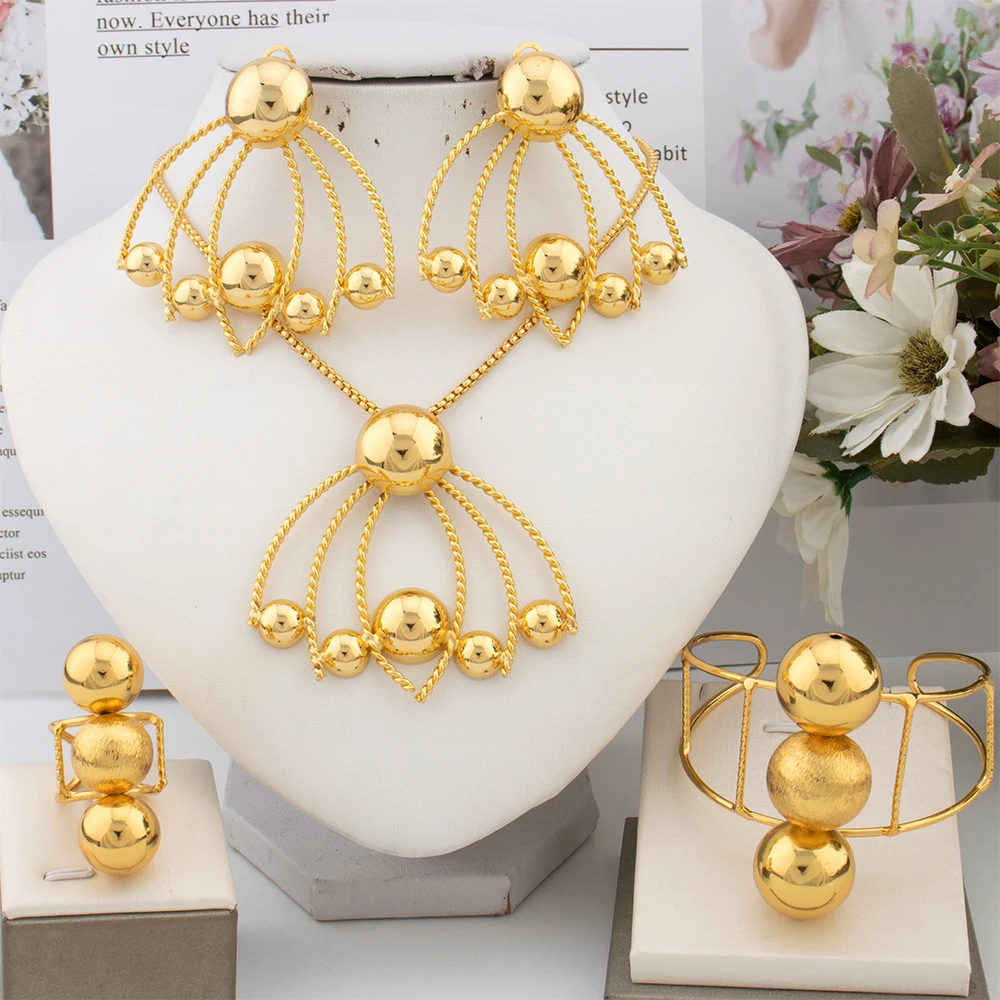 

African Ethiopia Necklace Earrings Bangle Ring Luxury Dubai Gold Color Jewelry Sets Bridal Wedding Gifts Party For Women Jewelry
