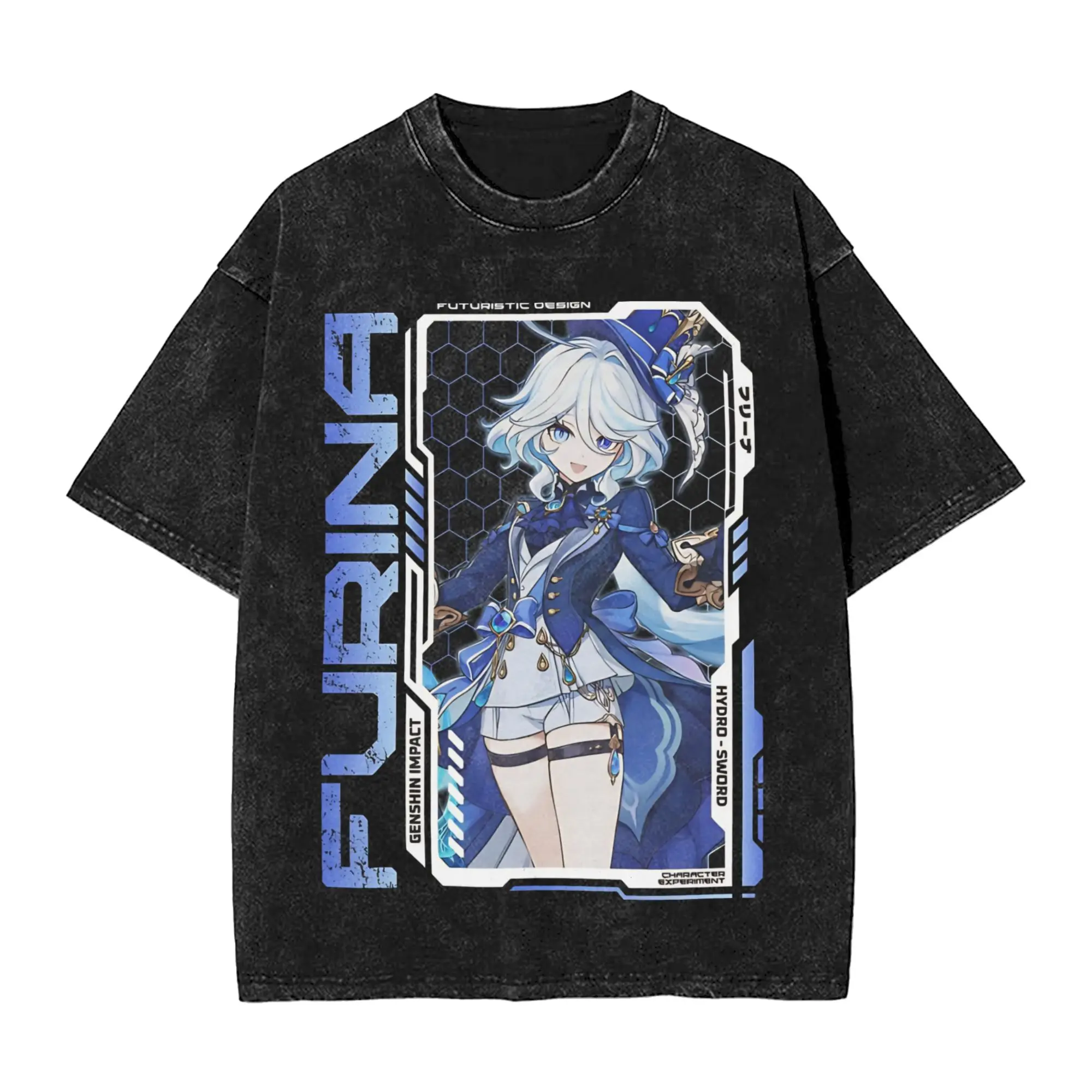 Washed T Shirts Furina Hip Hop Vintage T-Shirts Harajuku Genshin Impact Game Streetwear 100% Cotton Printed Tops Tees Men Women