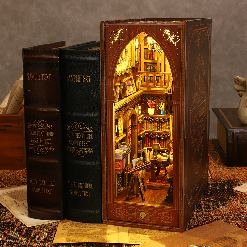 DIY Book Nook Insert Kits Wooden DollHouse Building Toys Magic House Casa Bookend With LED Lights Bookshelf Home Decoration Gift