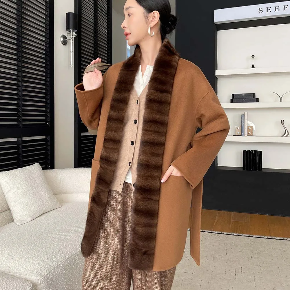

High-end autumn and winter double-sided cashmere coat imported mink collar mid-length woolen coat for women