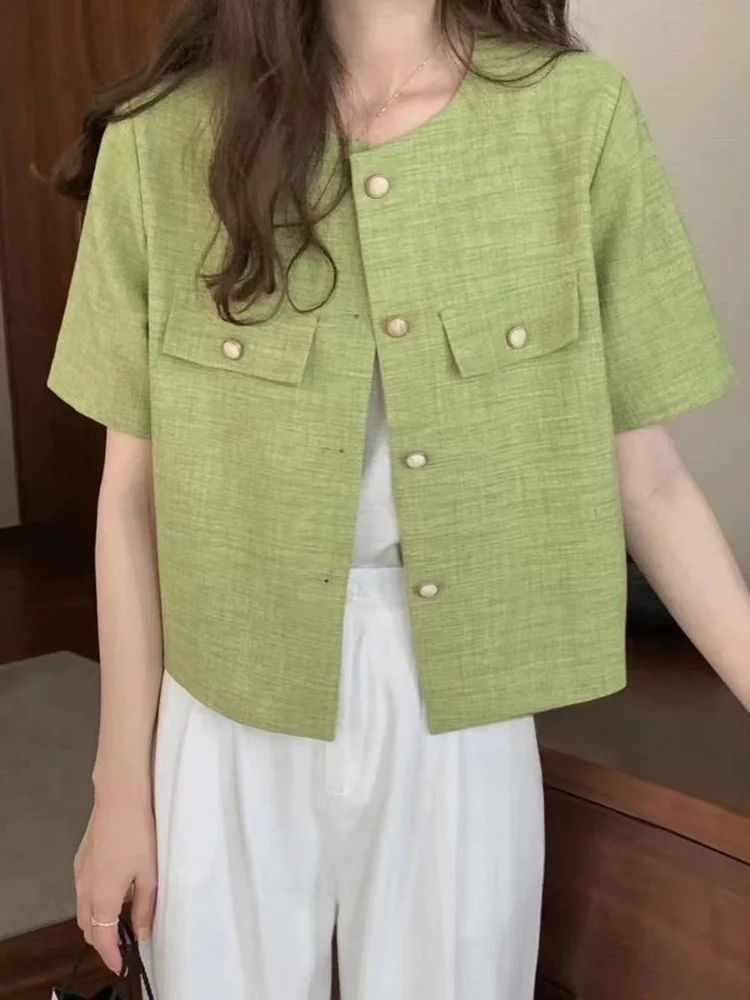 

een ort Sve Suit Jaet Women's Summer Faion Small Size High-End Feel Thin Cardigan Top round Ne Button Detail