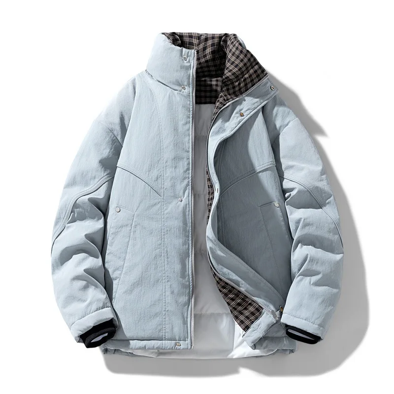 2025 Winter Men Down Jacket Vintage Plaid Patchwork Stand Collar Male Outerwear Thicken Cold-proof Long Sleeve Zipper Man Coat