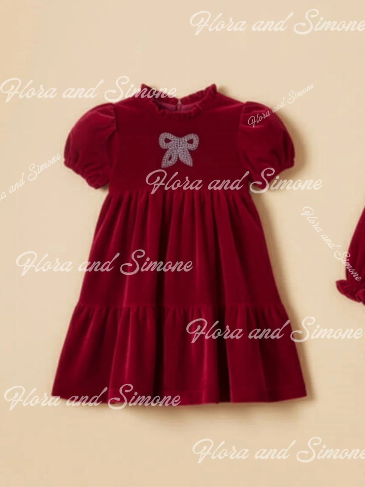 Customized Red velvet bow Long sleeves Flower Girl Dress for Christmas celebration Wedding Ceremonies Formal Receptions Birthday