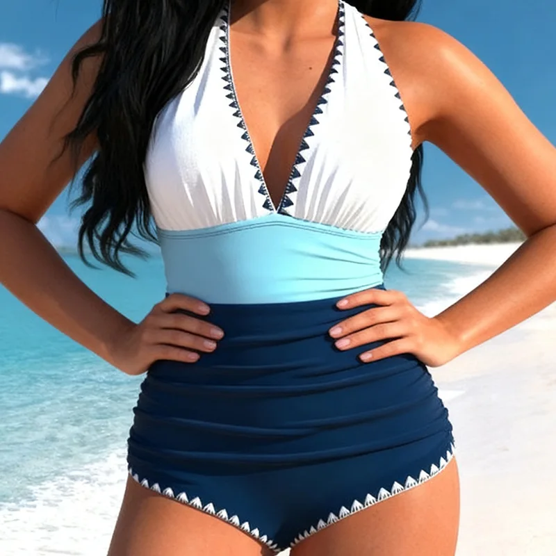 Conjunto de bikini y traje de baño modesto para mujer, traje de baño fruncido con frente en V y espalda descubierta, diseño floral de brotes, traje de baño ajustado con cuello en V para verano, conjunto de una pieza