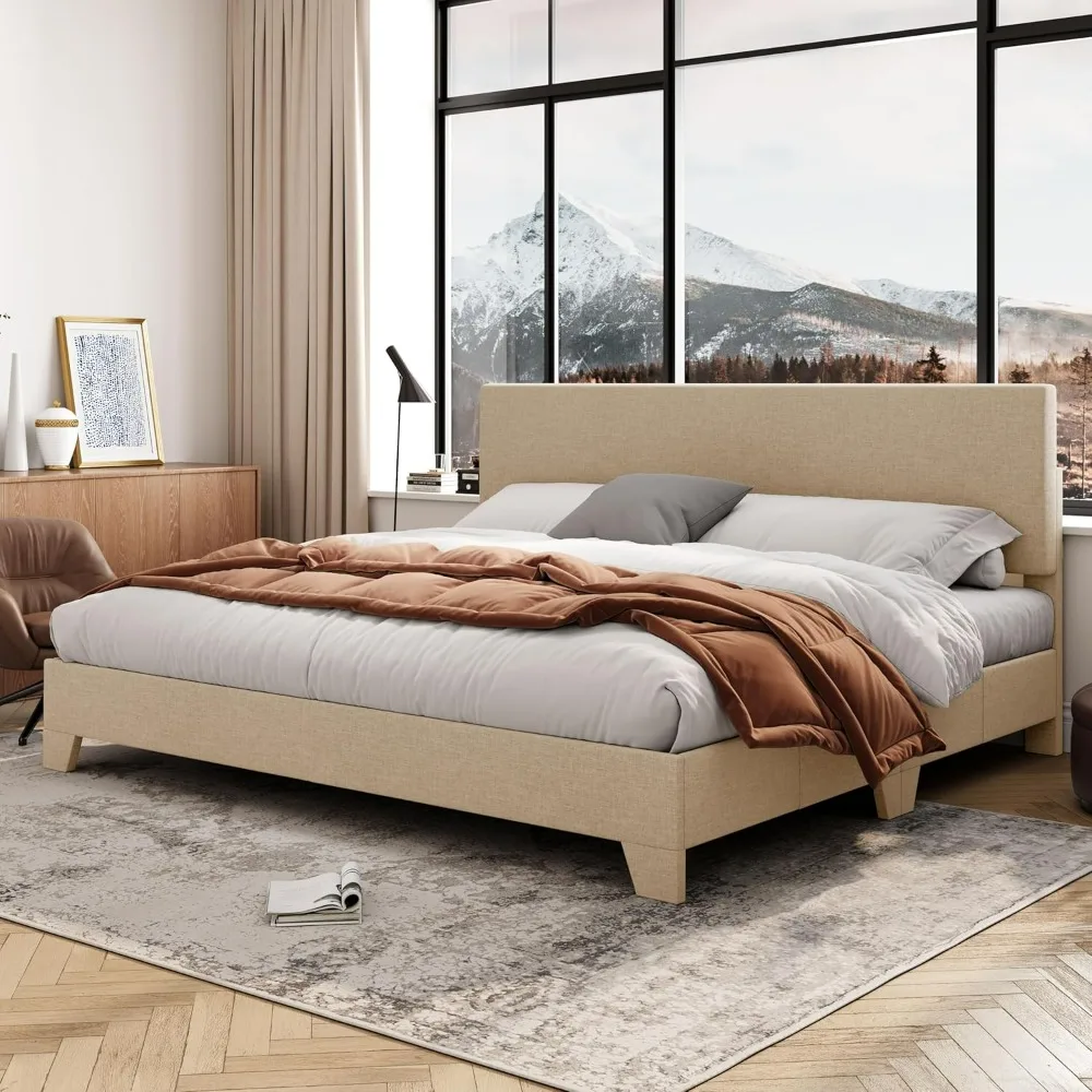 

King Size Bed Frame with Adjustable Headboard, Mattress Foundation, No Box Spring Needed, Noise-Free, Faux Leather Platform Bed