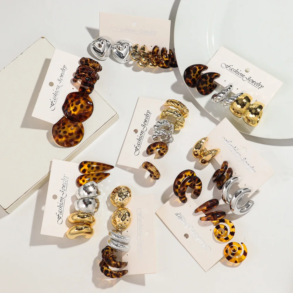 3 أزواج خمر الاكريليك الذهبي ليوبارد فضي هندسية كبيرة مكتنزة طقم من الحلقان للنساء شخصية هوب القرط 2025 مجوهرات #6