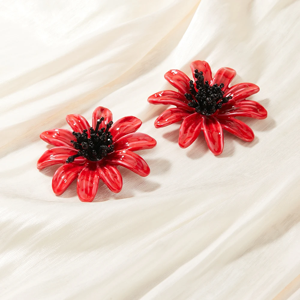 Vintage Red Glass Material Flower Style Women's Earrings Fashionable Sweet Personalized Aretes Para Mujer