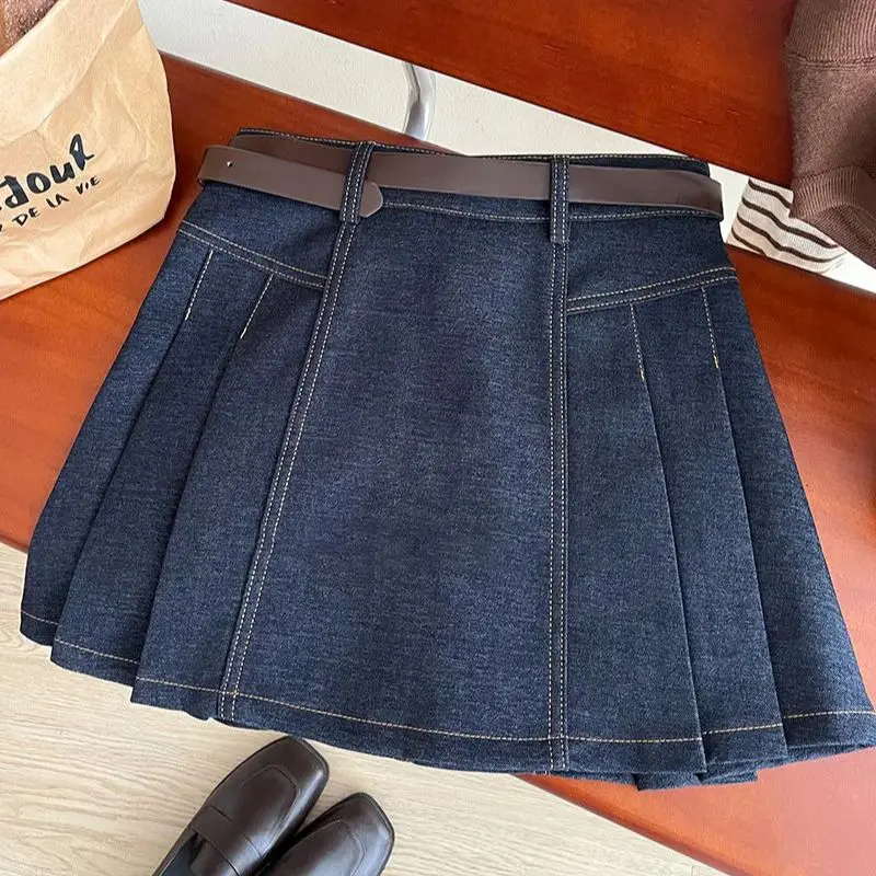 Black Skirt for Women Summer Vintage Bright Thread Imitation Denim Pleated Short Skirts Spicy Girl Versatile A-line Skirt