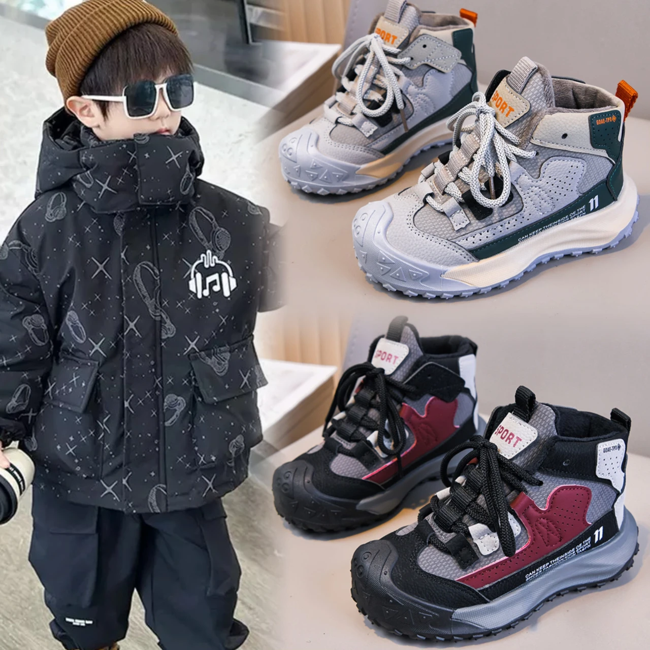 

Boys and girls' high top and thick velvet sports shoes, winter new style color blocked children's warm casual shoes