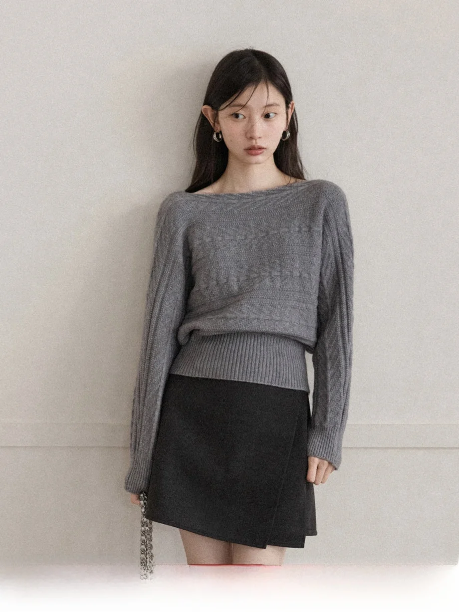 

Casual Sle ey Knitted Long Sve One oulder Sweater Women's Loose Slimming Winter Top Soft Comfortable Faionable