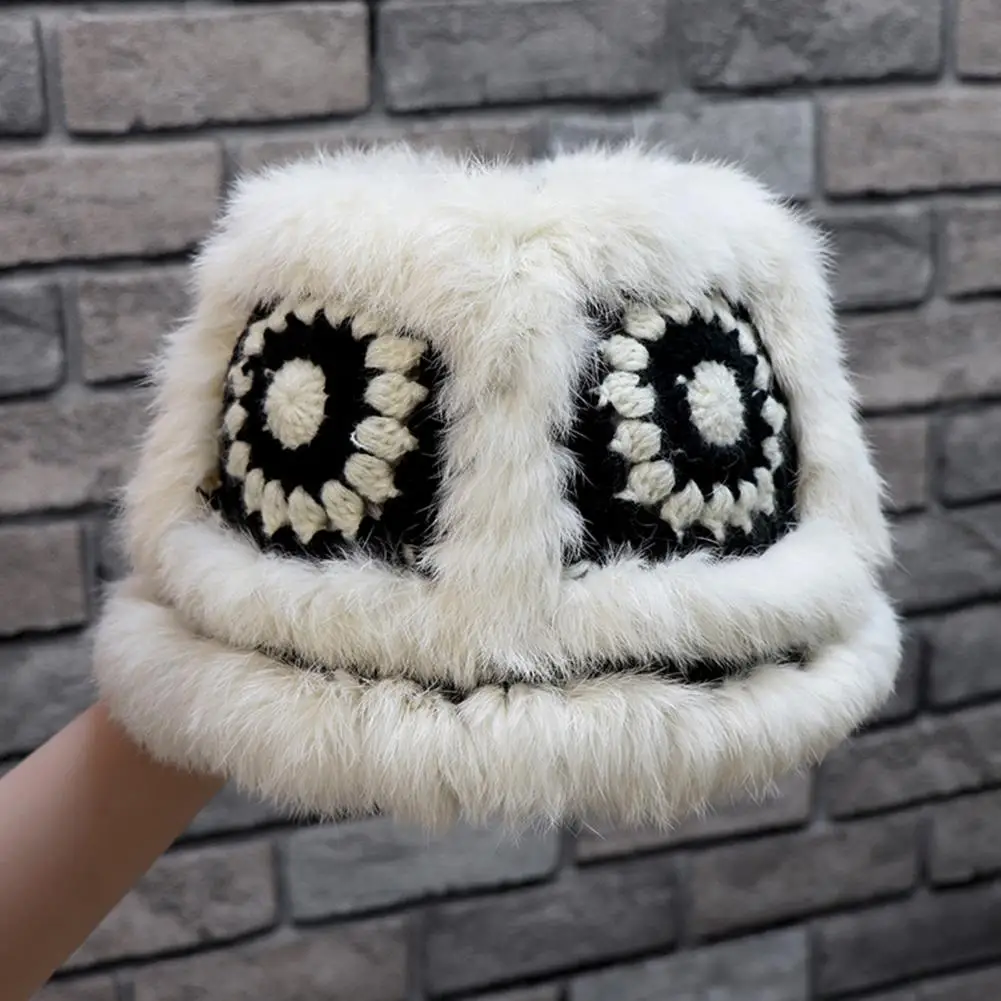 Handmade Knitted Plush Tiger Head Rabbit Fur Trim Woolen Women Hat Plush Hat Cozy Cute Winter Bucket Hats Fashion Fishman Cap