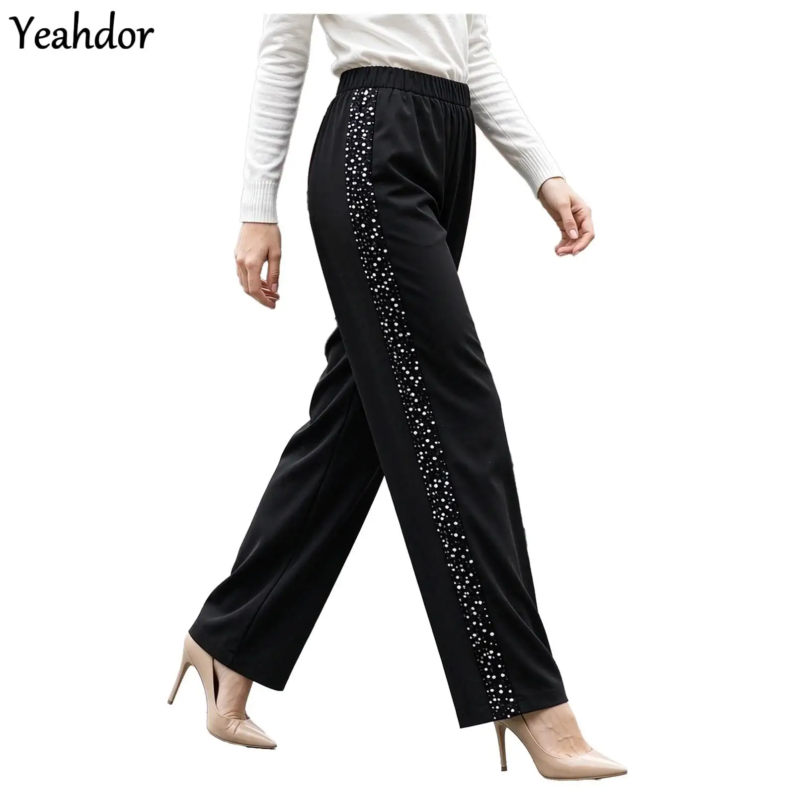 Fashion Women Side Sequin Velvet Patchwork Pants High Waist Wide Leg Trousers Holiday Party Family Gathering Daily Casual Wear