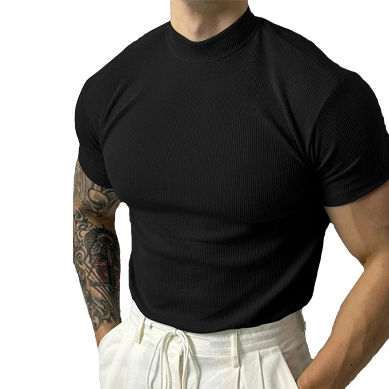 2026 Nieuwe mode Heren T-shirt Klein hooggesloten gestreept shirt korte mouw fitness top vrijetijdssport T-shirt Heren sportkleding - afbeelding 2