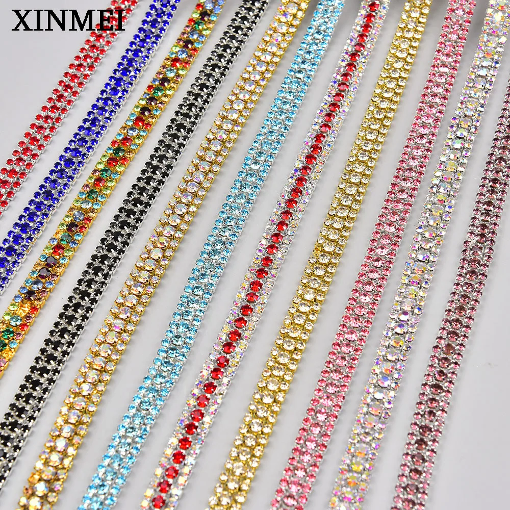 9mm 3 Rows Crystal AB Trim Rhinestone Diamond Chain Diy Wedding Dress Applique Shoes Bags Decorative Sewing Accessories