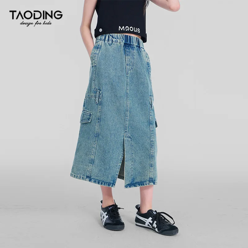 Baby Girl Dress 2024 Girls Denim Skirt Summer New Simple Solid Color Retro Medium Sized Children Slim-fit Tooling Slit Skirt