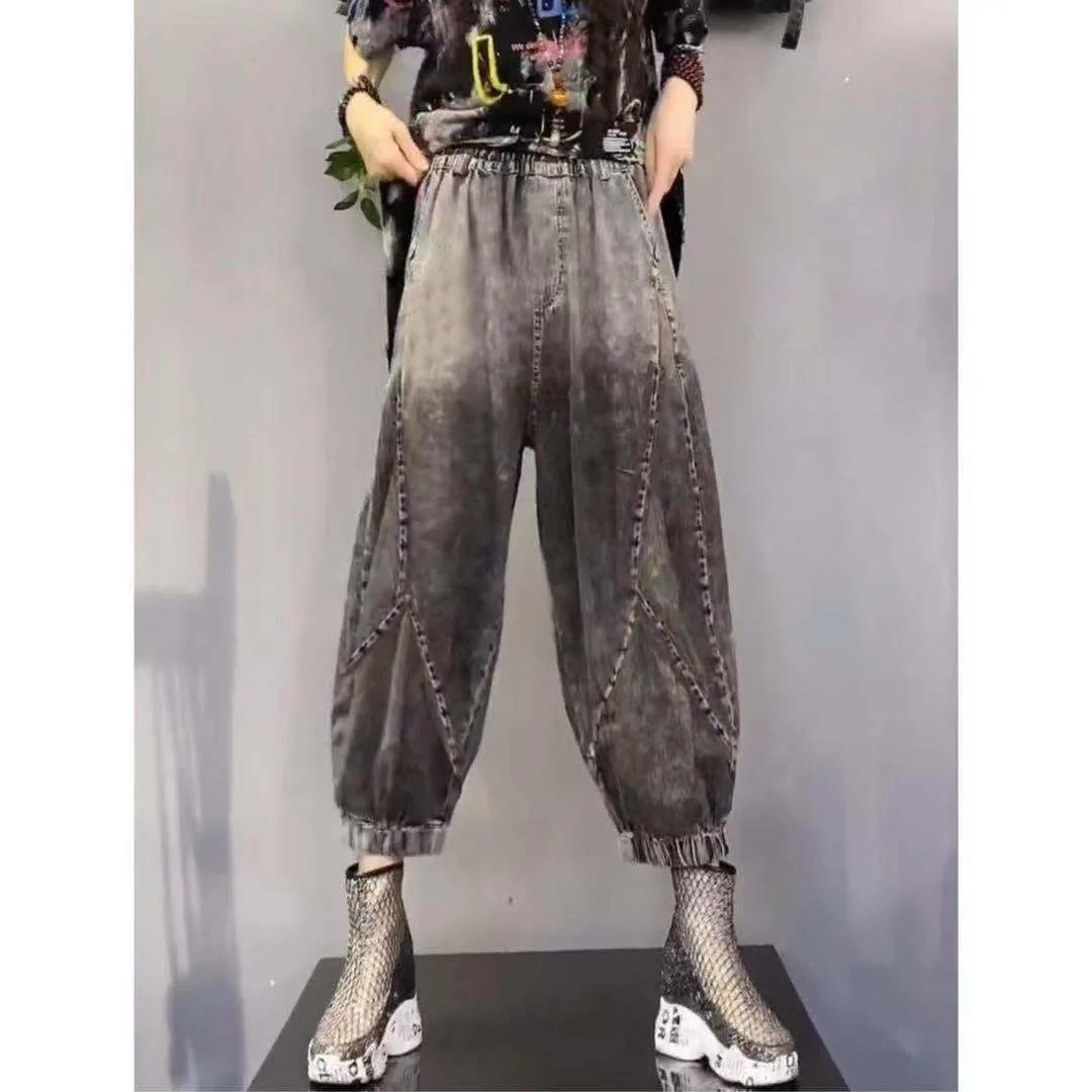 

Faionable Loose Harlan Jeans adient Splicing для похудения, летние новые брюки с высокой талией и девятью точками для молодых женщин