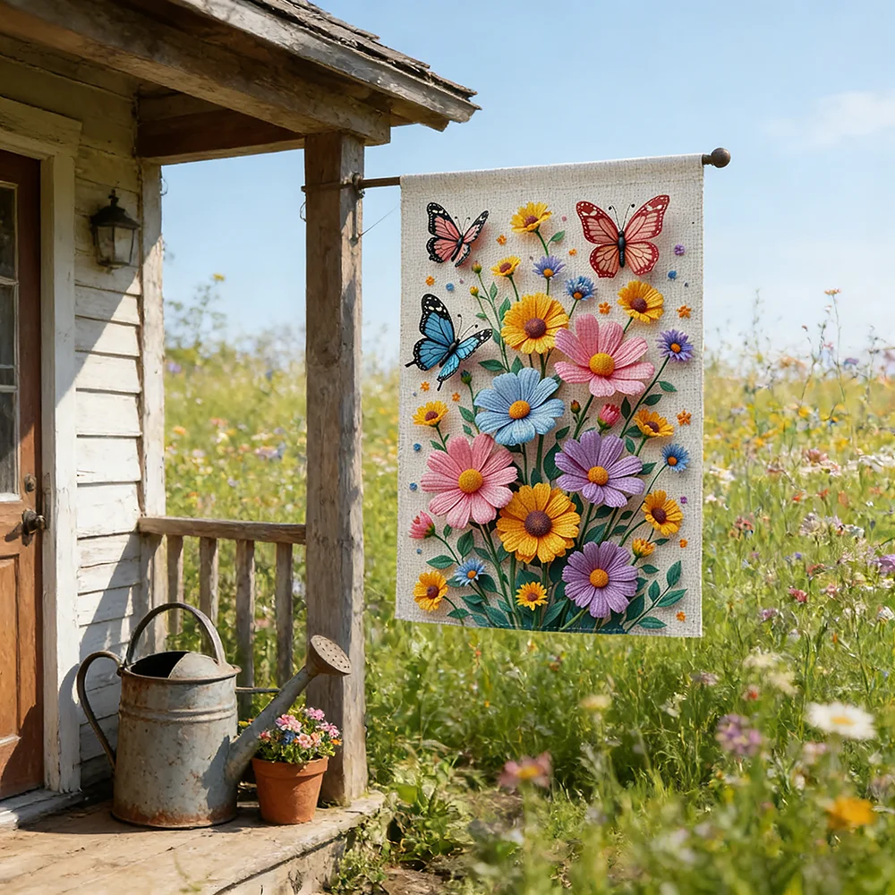 30x45cm Butterflies and Floral Garden Flag Vertical Double Sided Small Yard Flag Vivid Flower Bloom Outdoor Banner Patio Decor