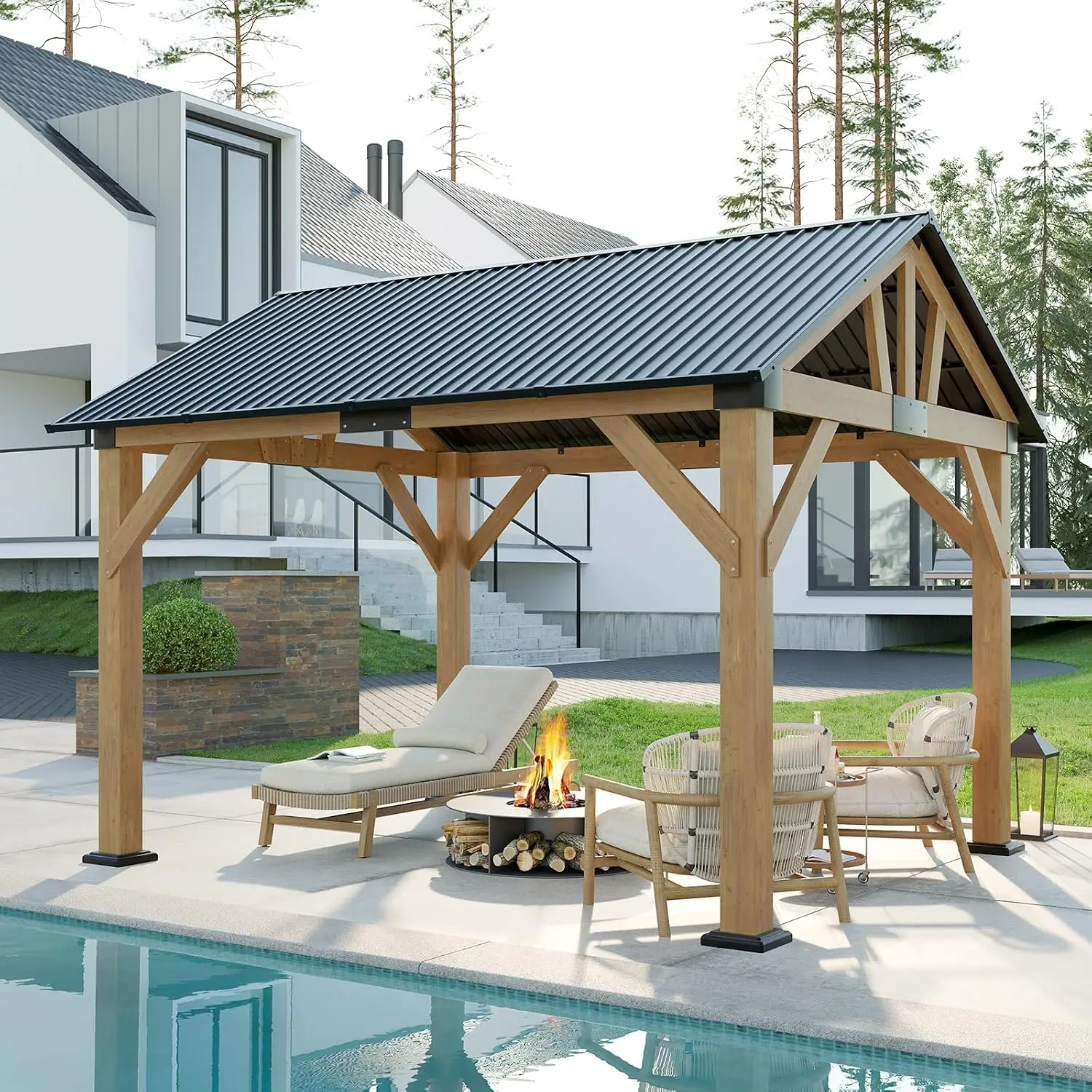 10x12 FT Wooden Hardtop Gazebo with Steel Roof, Heavy Duty Frame, 4.7-Inch Posts and Ceiling Hook for Backyard Garden Patio