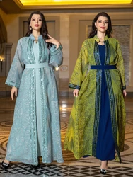 Conjunto de 2 piezas de Abaya musulmana para mujer, vestidos musulmanes Jalabiya, vestido largo bordado, bata de caftán de fiesta con cordones, Eid Abayas Ramadán