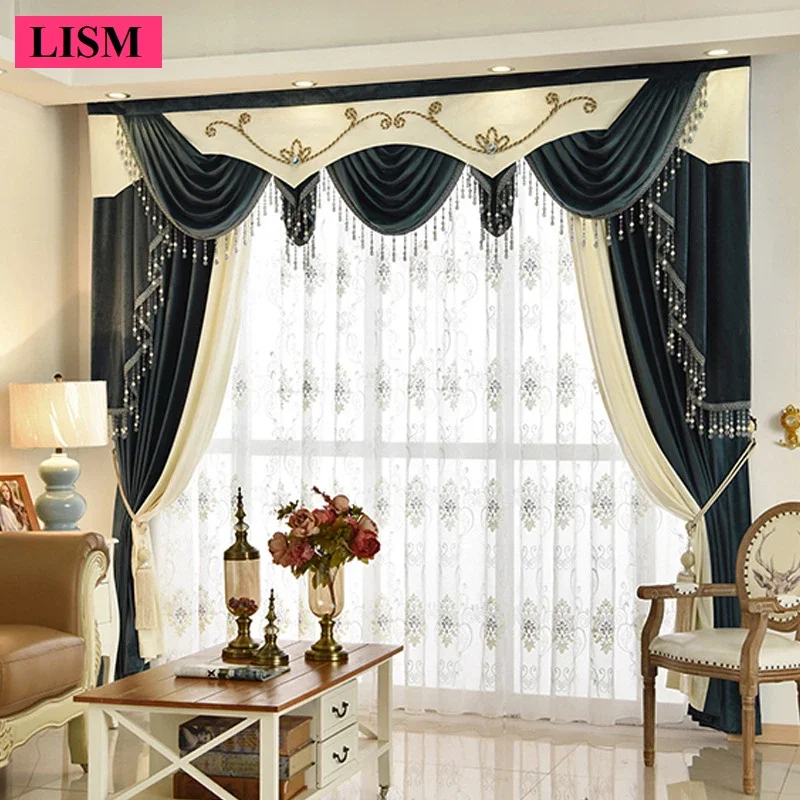 

Simple Solid Color Velvet Curtains for Living Room Bedroom Splicing Luxury Blackout European Decor Custom Valance Jacquard Tulle