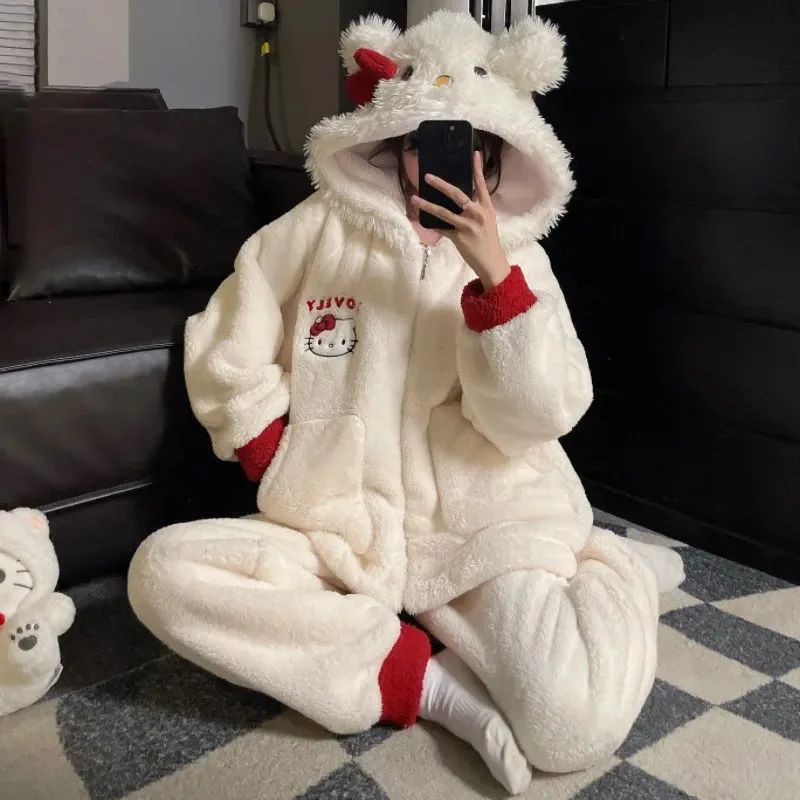 سانريو Kawaii الكرتون مرحبا كيتي الشتاء المرجان الصوف زوجين منامة الصوف بطانة سميكة الدافئة Homewear مجموعة هدية الكريسماس