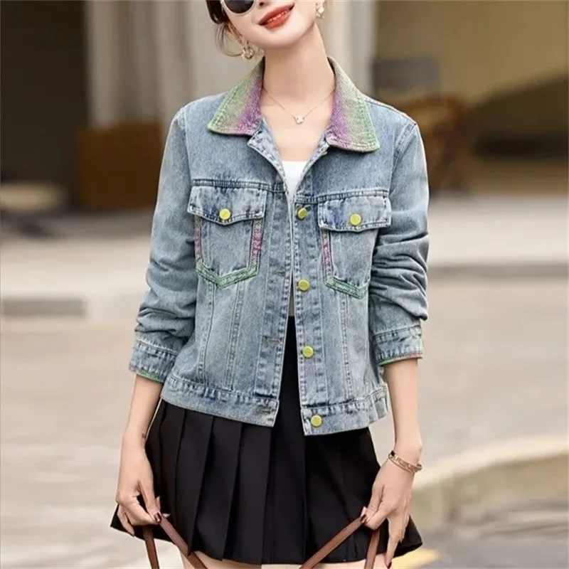 Color Blocked Denim Jacket Women's Autumn Coat 2025 New Fashion Casual Short Cowboy Jackets Top Ladies Denim Overcoat