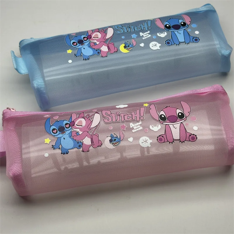 2024 Disney Stitch Mesh Pen Bag Large Capacity Kids School Supplies Cartoon Pencil Bag Student Storage Bag Stationery Bags Gifts