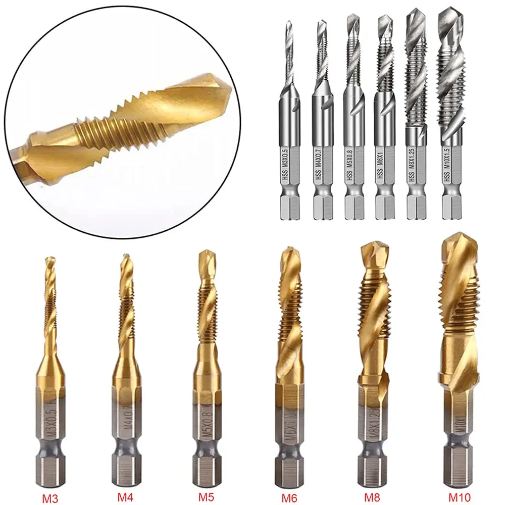 6 Pieces M3-M10 Thread Tap Drill Bits Hss Tap Countersunk Deburring Set High speed Steel 1/4 Inch Quick Change Hexagon