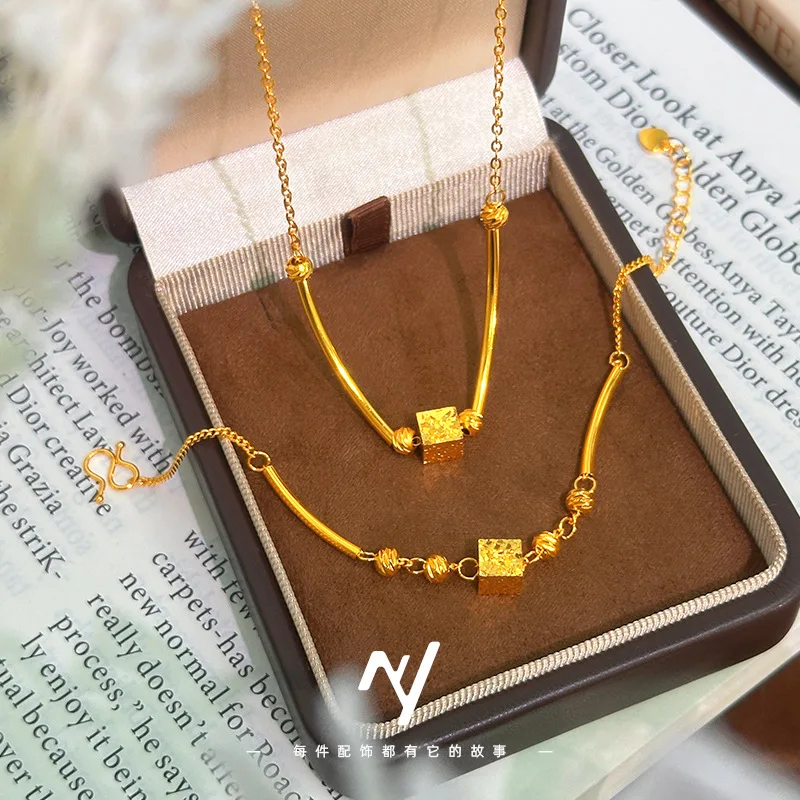 

9999 24K Real Gold Crushed Ice Sugar Cube Geometric Bracelet Necklace for Women, Niche Design, Light Luxury and High-end Feeling